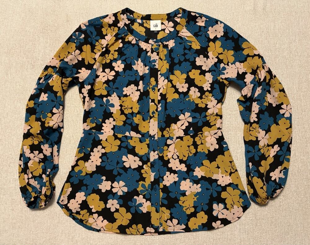 CAbi Favorite Floral Blouse Size Small Long Balloon Sleeve Button Up Office